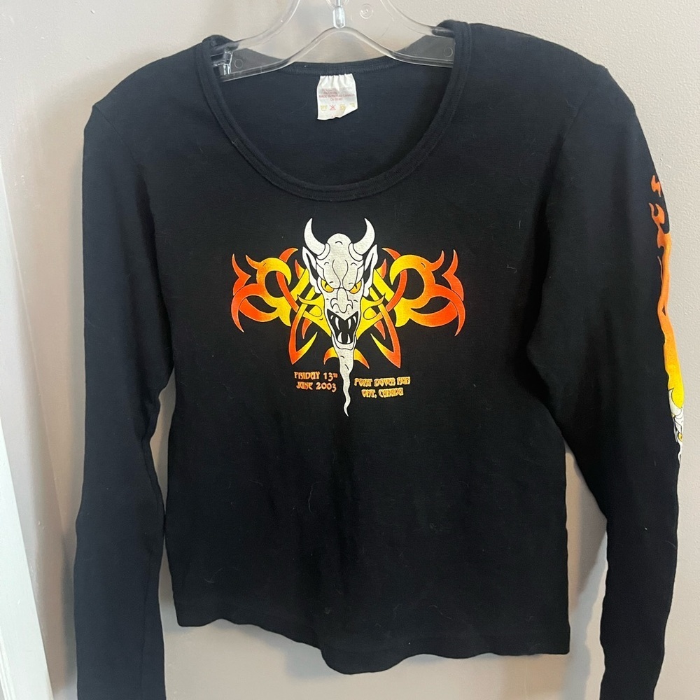 Vintage biker long sleeve Friday the 13th port Dover flames skull L see measures